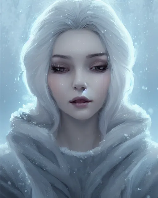 Image similar to a beautiful snow sorceress, flowy white grey hair, grey eyes, winter, frozen, snow, cinematic lighting, highly detailed, digital painting, trending on artstation, pixiv, concept art, sharp focus, illustration, art by ross tran and wlop, dark art