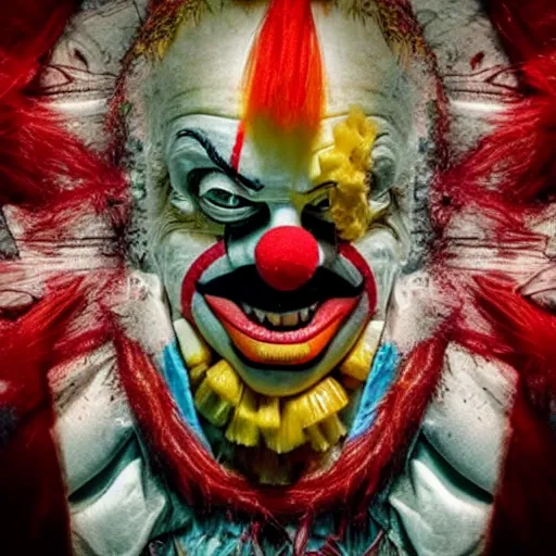 Image similar to A clown monster made of bananas jumping at the screen, loony toons style, pennywise style, horror theme, detailed, elegant, intricate