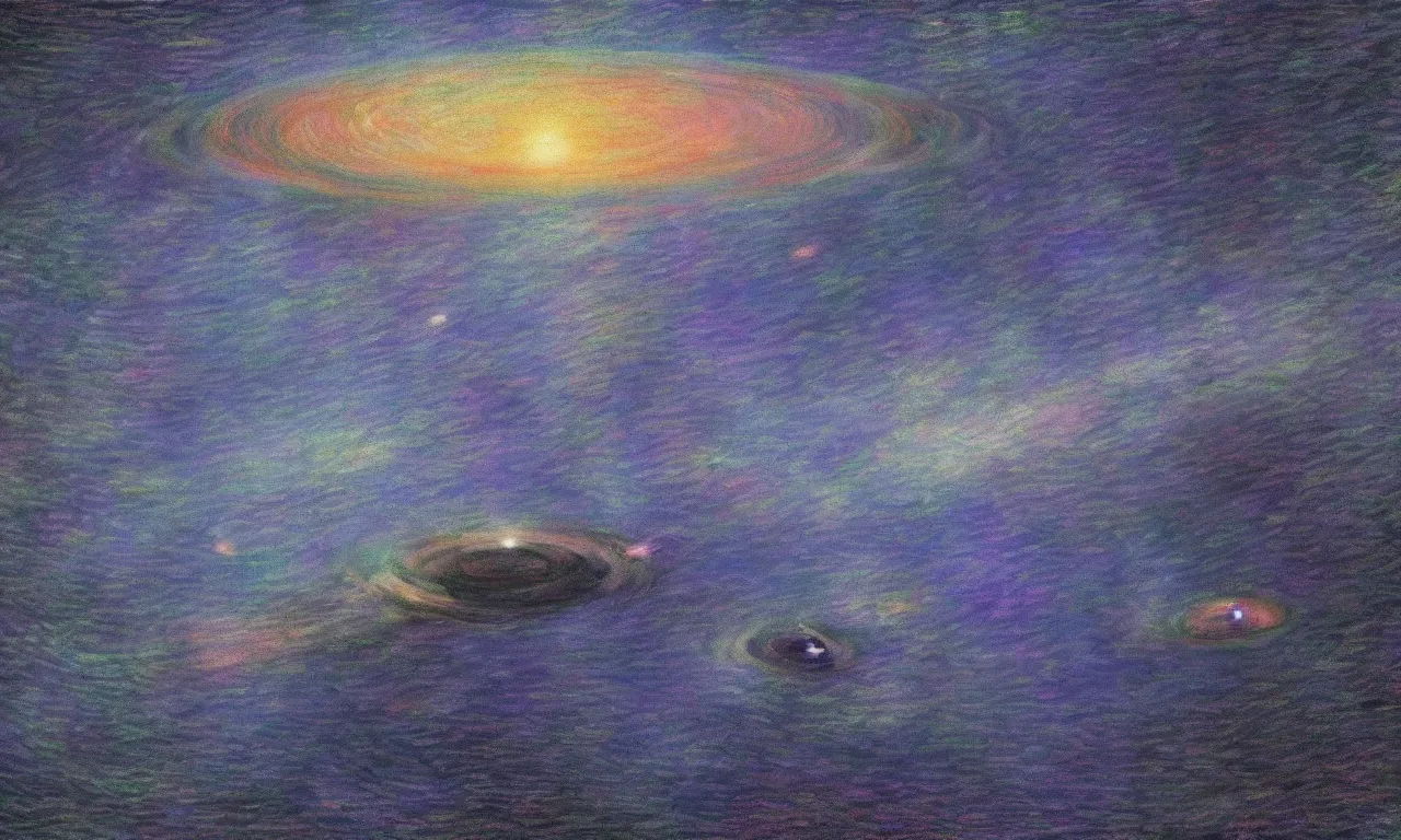 Prompt: Space ships reaching a black hole horizon, Picard on a starboard, monet style, digital art, perfect lighting