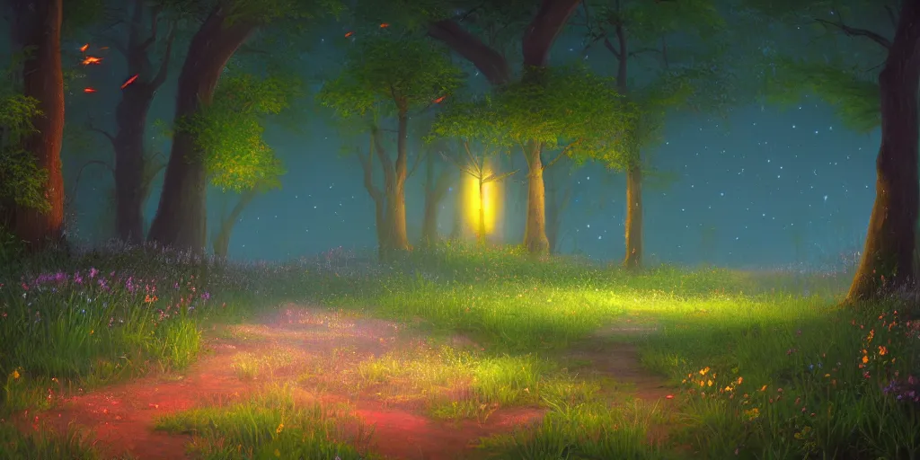 Image similar to fireflies in deep woods inspired by Evgeny Lushpin,flower meadow,spring,cinematic,trending on ArtStation