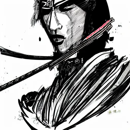 Image similar to a portrait of Black bird as samurai, detailed, editorial illustration, matte print, concept art, ink style sketch,