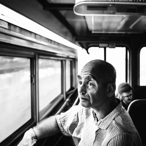 Image similar to a very very confused and scared man riding a suburban train for the first time, 8 5 mm photograph