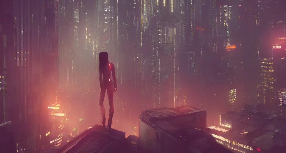 Image similar to woman standing on a rooftop in a cyberpunk city, blade runner, nighttime, rain, intricate artwork by tooth wu and wlop and beeple, octane render, hyper realism, 8 k