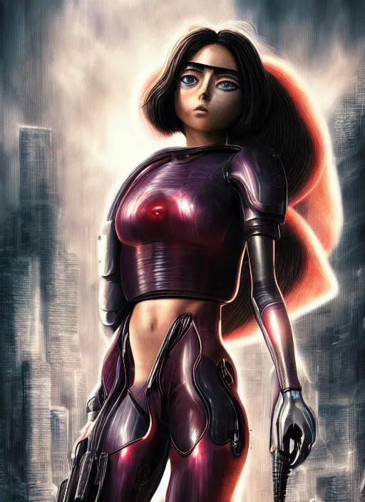 Image similar to Alita Battle Angel, digital painting, cyberpunk, aesthetic, faded, full body portrait, hyper realistic render, 8k