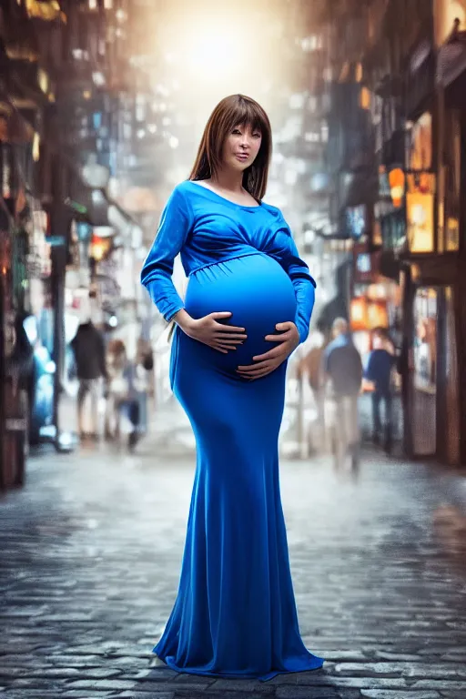 Image similar to pregnant woman in a small blue dress on night street, highly detailed, sharp focused, ultra realistic digital concept art by Edwin Longsden