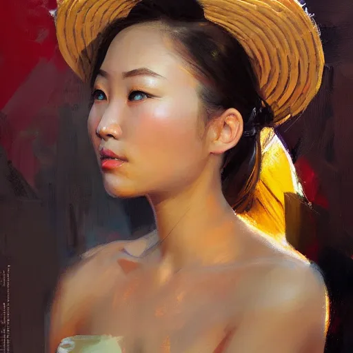 Image similar to greg manchess portrait painting of vietnamese princess, medium shot, asymmetrical, profile picture, organic painting, sunny day, matte painting, bold shapes, hard edges, street art, trending on artstation, by huang guangjian and ail elvgren and sachin teng