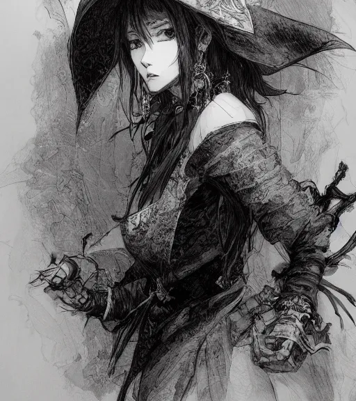 Image similar to portrait of anime woman wearing witch hat, pen and ink, intricate line drawings, by craig mullins, ruan jia, kentaro miura, greg rutkowski, loundraw