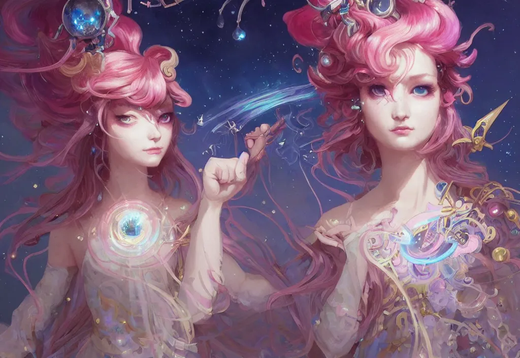 Prompt: close up picture of an maximalist dress magical girl, neat hair with bangs, smug face, fist to camera, extremely beautiful and aesthetic and detailed cute face and eyes, wipe out evils with cute astronaut familiar sprites, aming the magical beams, chiaroscuro, intricate, masterpiece, fantasy illustrations by peter mohrbacher and anato finnstark and jeremy lipking