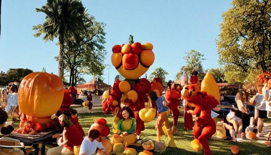 Image similar to 1990s candid photo of a beautiful day at the park, cinematic lighting, cinematic look, golden hour, costumed fruit mascot people coming out of an energy portal, Enormous personified fruit people with outstandingly happy faces coming out of a space portal and talking to families, UHD