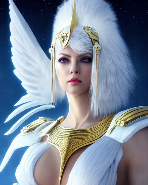 Image similar to perfect white haired egyptian goddess wearing white dove wings, warframe armor, regal, attractive, ornate, sultry, beautiful, charlize theron, half asian, pretty face, blue eyes, detailed, scifi platform, 4 k, ultra realistic, epic lighting, cinematic, masterpiece, art by akihito tsukushi, voidstar, trending on artstation