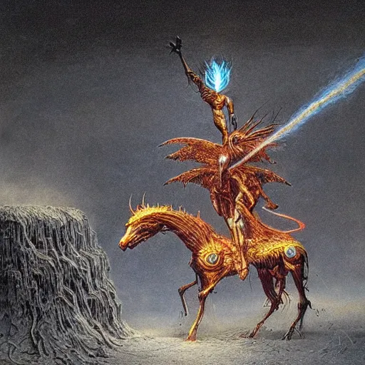 Image similar to epic wizard riding a robot horse through the gates of hell, shooting fire and flames out of his hands, beksinski style highly detailed art