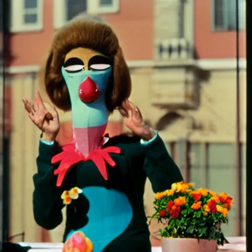 Image similar to 1972 woman on tv show with a long prosthetic snout nose, big nostrils, wearing flowers in the city 1972 color archival footage color film 16mm Fellini Almodovar John Waters Russ Meyer with hand puppet