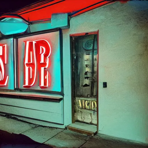 Prompt: painting of a bar exterior in antique western town with neon signs, todd hido