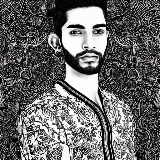 Prompt: portrait of a pakistani male model, an ultrafine detailed illustration by james jean, intricate linework, bright colors, final fantasy, behance contest winner, vanitas, angular, altermodern, unreal engine 5 highly rendered, global illumination, radiant light, detailed and intricate environment