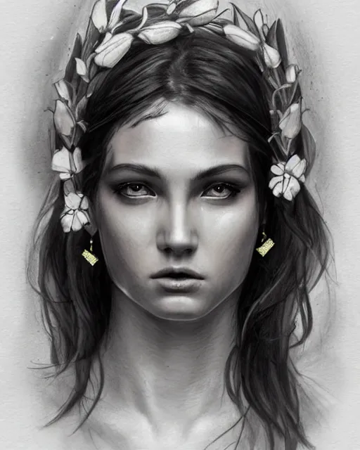 Prompt: realism tattoo sketch of hana soukupova as a beautiful greek goddess aphrodite with piercing eyes wearing a laurel wreath and triangle earrings, in the style of greg rutkowski, amazing detail