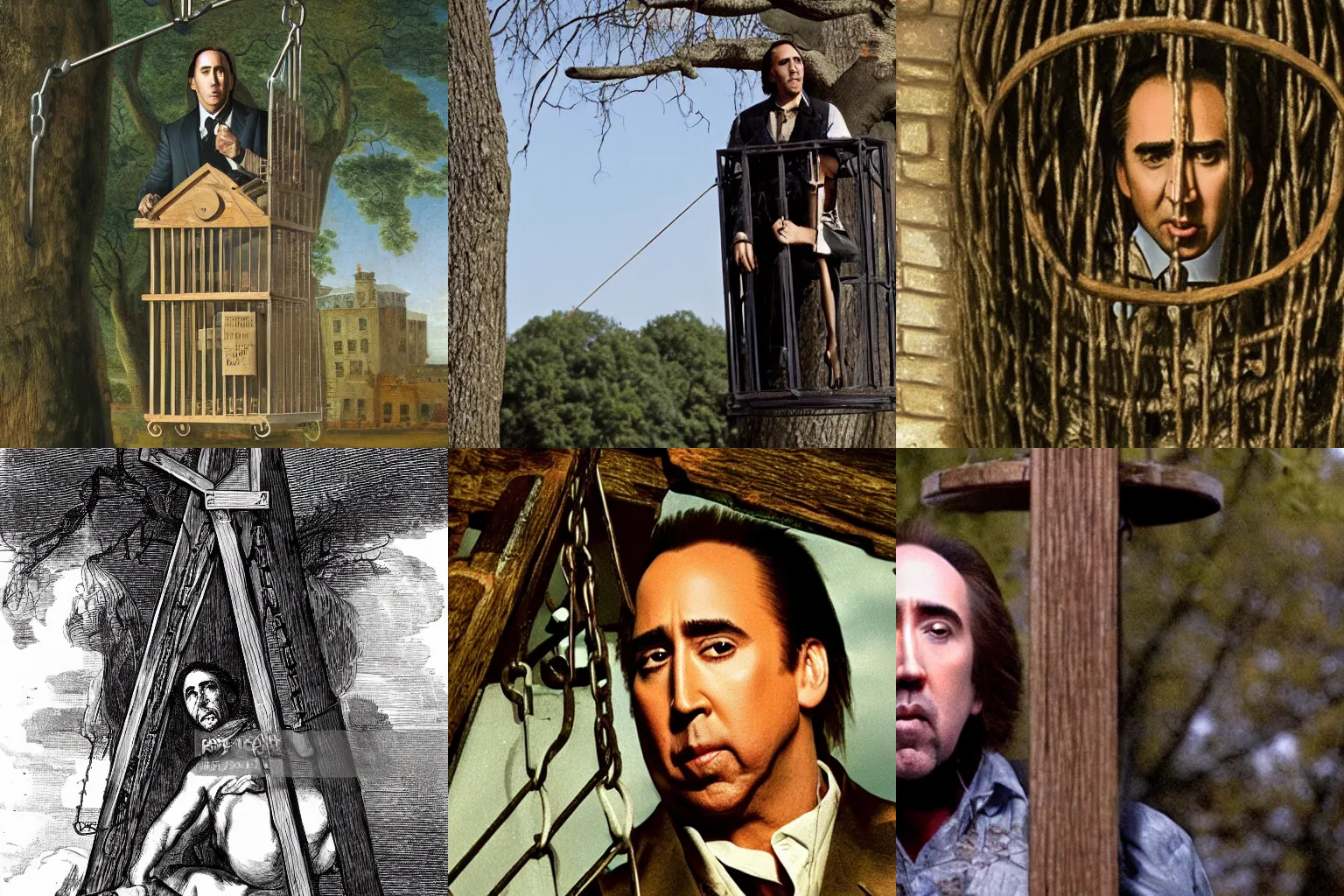 Prompt: Nicholas Cage imprisoned inside a gibbet hanging from an oak tree