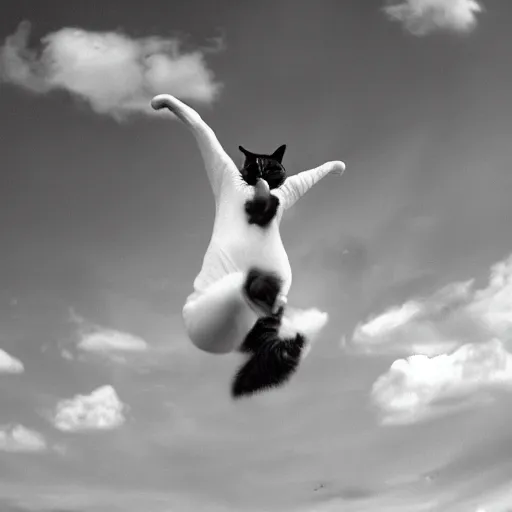 Prompt: a black and white photo of a cat jumping in the air, a renaissance painting by hanns katz, flickr contest winner, renaissance, renaissance painting, kinetic, demonic photograph