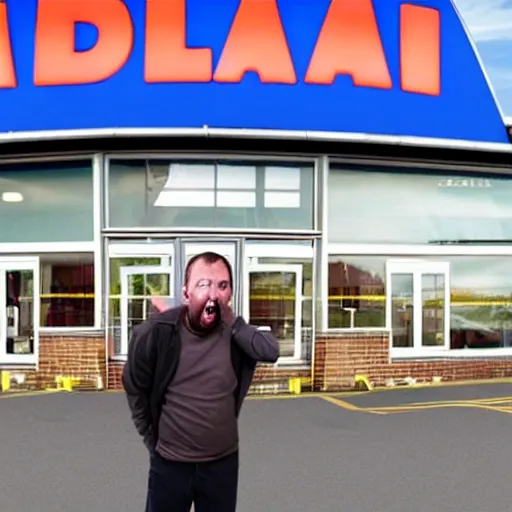 Image similar to a man terrified of entering an aldi supermarket, photo realistic