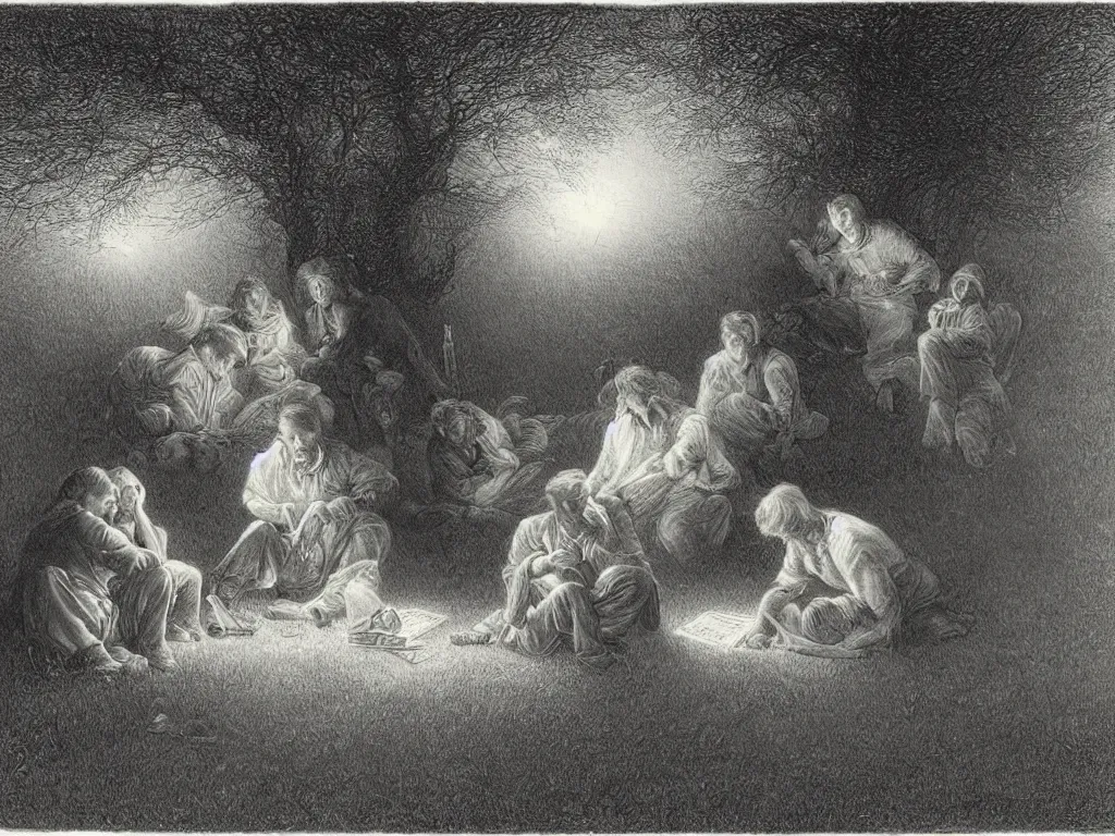 Prompt: Chiaroscuro scene of artists drawing in the grass at night. Painting by Gustave Dore, August Sander