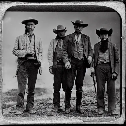 Image similar to a platinotype photo of three men from the old west going to an old burial ground to exhume it from a terrorizing creature which is terrorizing a tribe