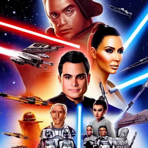 Image similar to super detailed star wars movie poster with ben shapiro, snooki and kim kardashian, 8k full HD photo, cinematic lighting, anatomically correct, oscar award winning, action filled, correct eye placement,