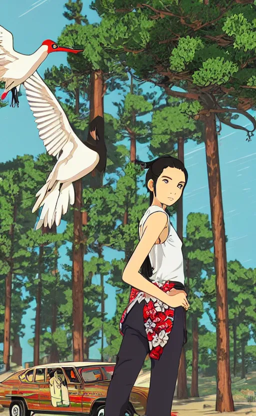 Prompt: gta5, by studio ghibli, anime style, girl next to a japanese crane bird in japanese pines, trading card front, kimono, realistic anatomy, concept art, sun in the background