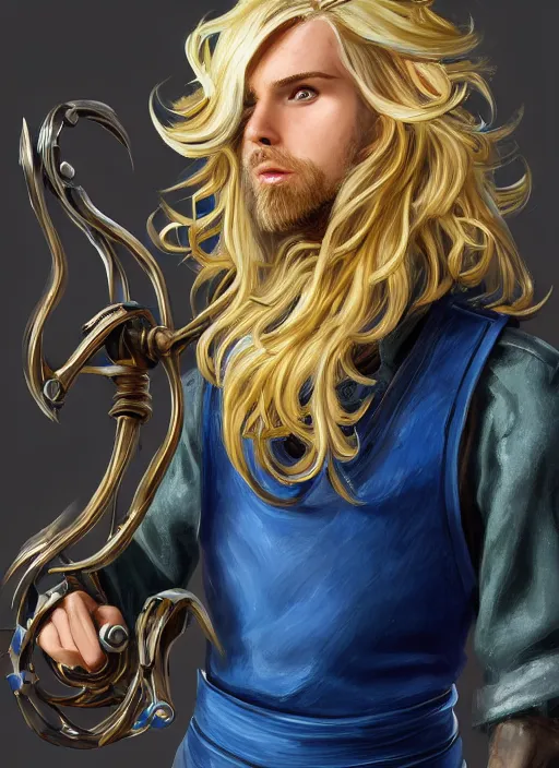 Image similar to a highly detailed illustration of long wavy bright blonde haired effeminate boy wearing blue blacksmith apron and iron mechanical arms, lanky body, blue eyes, dramatic smiling pose, perfect face, symmetrical eyes, intricate, elegant, highly detailed, centered, digital painting, artstation, concept art, smooth, sharp focus, league of legends concept art, wlop