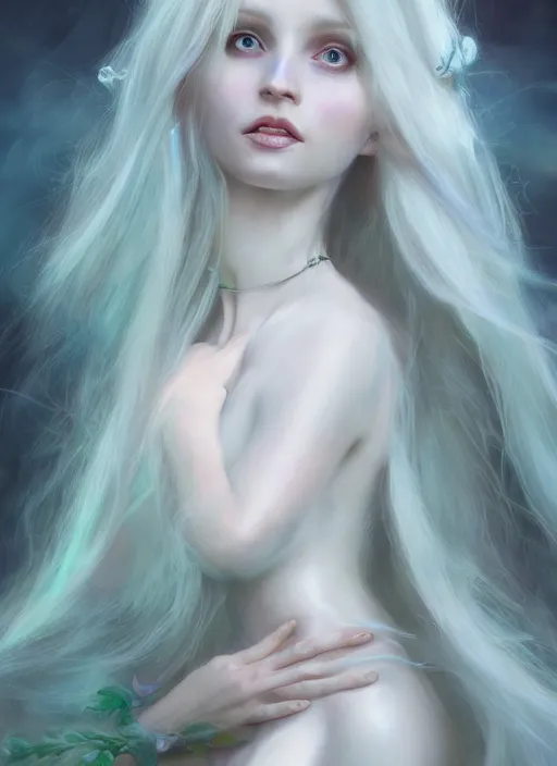 Prompt: pale, beautiful fairy spirit with long hair, pastels, fantasy, elegant, concept art, sharp focus, beautiful face!!, digital art, Hyper-realistic, 4K, Unreal Engine, Highly Detailed, HD, Dramatic Lighting, Beautiful, by Brom, trending on Artstation