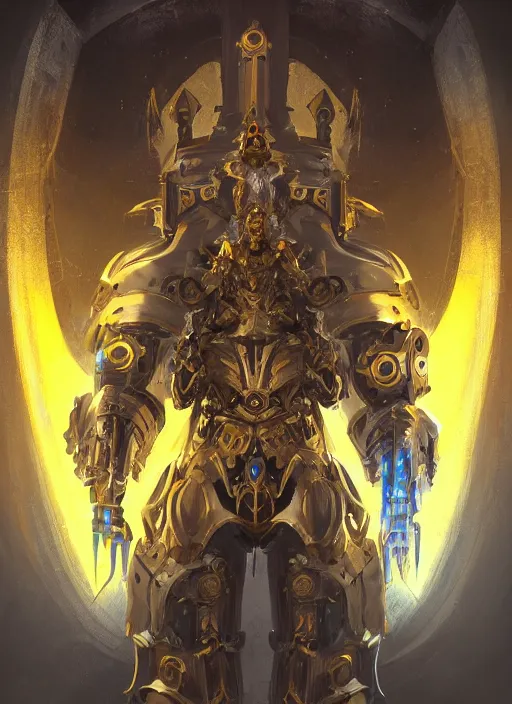 Prompt: dynamic abstract portrait of a intricate glorious holy mechanical warforged character in yellow armor holding a paladin engraved great longsword drawn and carrying a big paladin shield, beam glowing eye , face in focus, epic , trending on ArtStation, masterpiece, cinematic lighting, by Ross Tran and by Greg Rutkowski