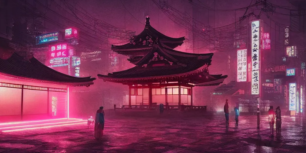 Image similar to “an ancient Japanese temple, shrouded in a cyberpunk city, during a rainy night, 4k, cinematic, pink and aqua neon lights, dark, hyperrealistic, trending of art station”