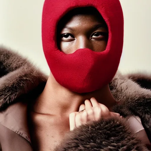 Image similar to realistic! photoshoot for a new balenciaga lookbook, color film photography, portrait of a beautiful woman wearing a balaclava puffer mask, photo in style of tyler mitchell, 35mm lens