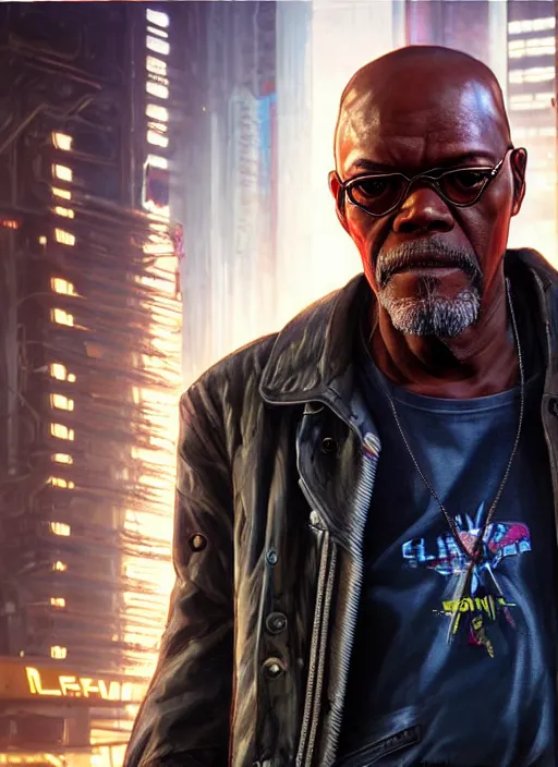 Image similar to portrait of Samuel L Jackson as a homeless character in Cyberpunk 2077, looking at camera, intricate, dystopian, sci-fi, extremely detailed, digital painting, artstation, concept art, smooth, sharp focus, illustration, intimidating lighting, incredible art by artgerm and greg rutkowski and alphonse mucha and simon stalenhag