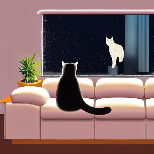 Image similar to cat sitting on sofa watching TV in night, digital art