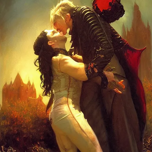 Image similar to attractive male, arthur pendragon confesses his love to attractive male dracula the vampire. highly detailed painting by gaston bussiere, craig mullins, j. c. leyendecker 8 k