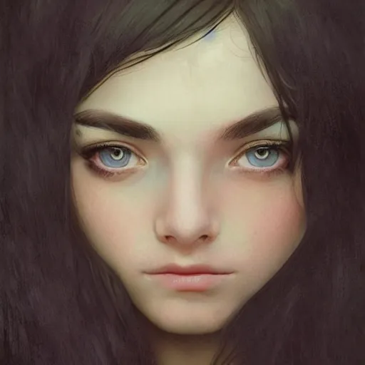Prompt: emo girl and her cat, with long dark hair, thick eyebrows!!! deep dark big eyes and dark circles!, wide nose!!!, oval face shape, big cheeks! by juan villafuerte, greg rutkowski and alphonse mucha, pexels contest winner, high quality photo, rtx, hd