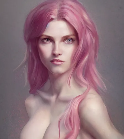 Prompt: full portrait of a young, attractive woman, soft hair, muscular, half body, cloth, pink hair, d & d, fantasy, intricate, elegant, highly detailed, digital painting, artstation, concept art, smooth, sharp focus, illustration, art by artgerm and greg rutkowski and alphonse mucha