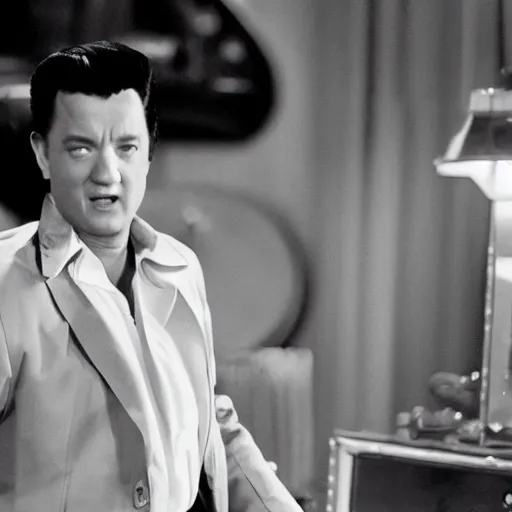 Prompt: Tom Hanks playing Elvis Presley, movie still