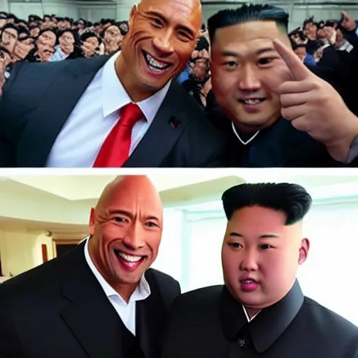 Prompt: dwayne the rock johnson and kim jong - un, selfie, phone photo,