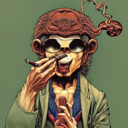 Prompt: portrait of crazy monkey smoking cigar, symmetrical, by yoichi hatakenaka, masamune shirow, josan gonzales and dan mumford, ayami kojima, takato yamamoto, barclay shaw, karol bak, yukito kishiro