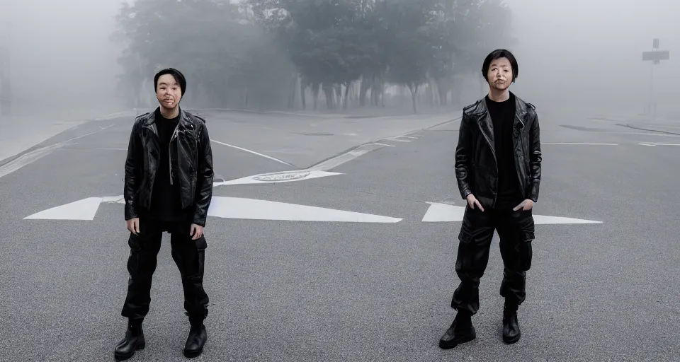 Image similar to A portrait photo of a white japanese fox wearing an open, long, black leather jacket , black cargo pants, a black shirt, and black army boots standing in an empty, foggy parking structure