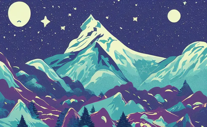 Image similar to mountains, stars and paisley filled sky, artstation, intricate, highly detailed, digital painting, concept art, sharp focus, illustration by Tom Whalen and James Jean