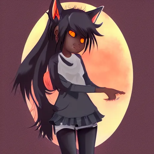 Prompt: tomboy anime girl with dark skin, black hair, wolf ears and glowing orange eyes, deviantart, artstation