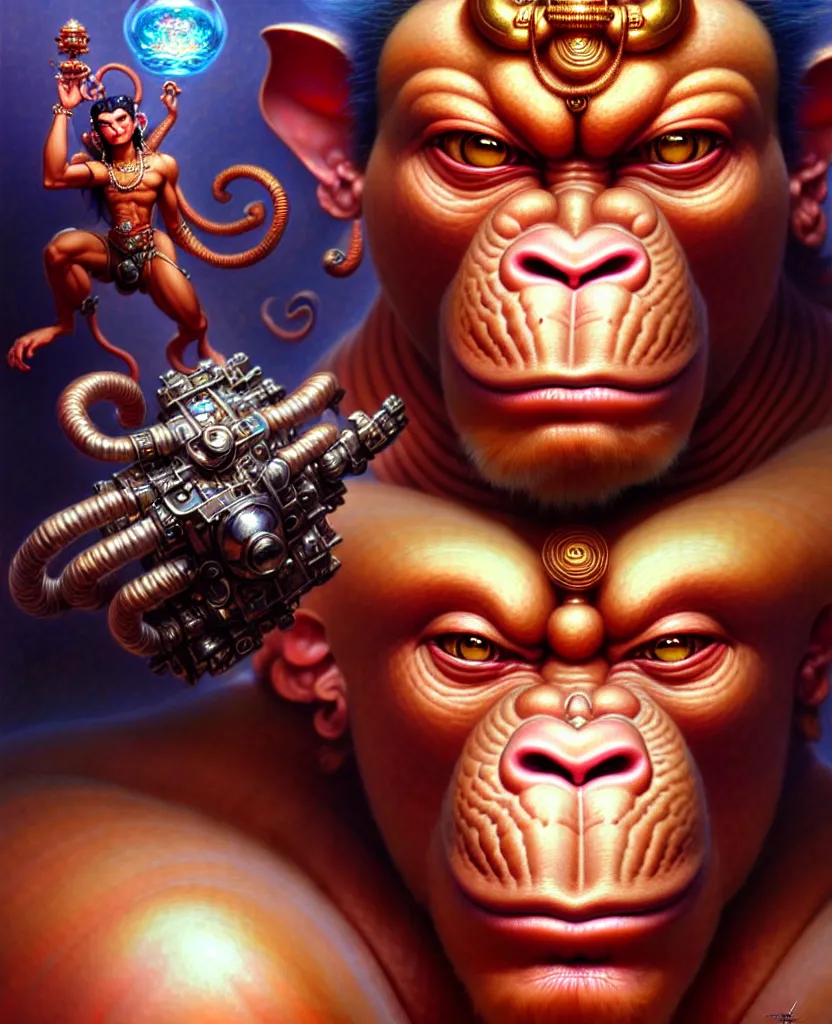 Prompt: beautiful hanuman fantasy character portrait, close - up, headshot, ultra realistic, wide angle, intricate details, the fifth element artifacts, highly detailed by peter mohrbacher, hajime sorayama, wayne barlowe, boris vallejo, aaron horkey, gaston bussiere, craig mullins