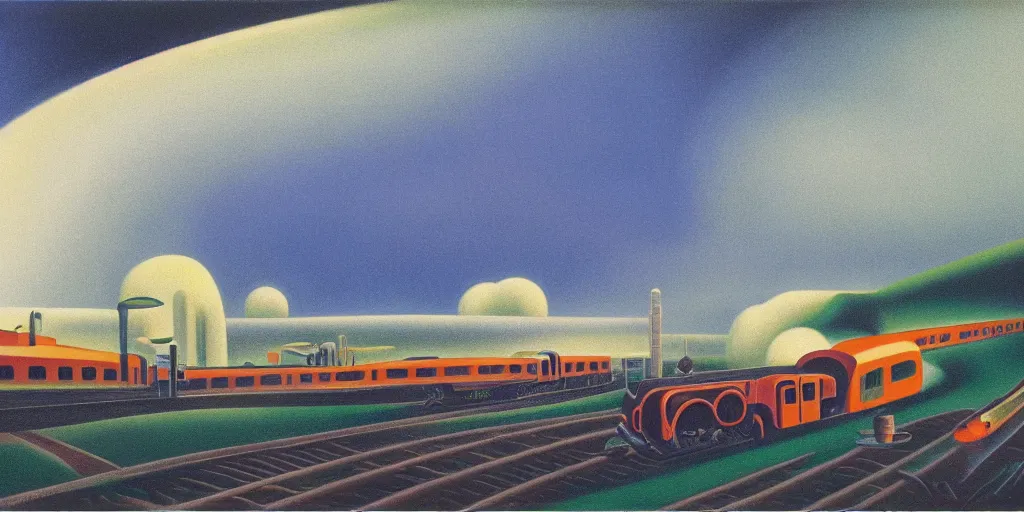 Image similar to oil painting of streamline train speeding. futurism. romanticism. extreme speed with headlight shining into the fog. dramatic lighting. thomas hart benton and magritte.