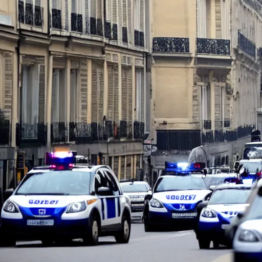 Image similar to a photo of several french police cars parked in a paris street in the morning