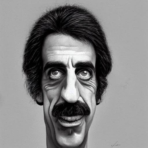 Image similar to Caricature portraits done of Frank Zappa, realistic, hyperrealistic, very realistic, highly detailed, very detailed, extremely detailed, detailed, oil painting, digital art, trending on artstation