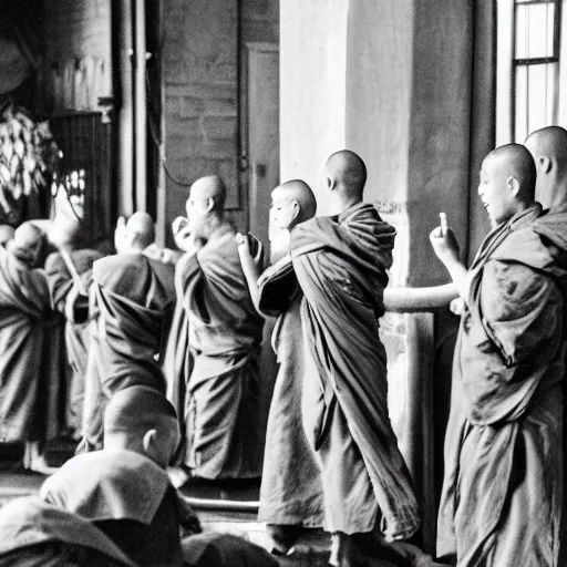 Prompt: group of monks worshiping a bottle of buckfast