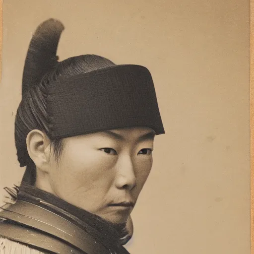 Image similar to a japanese samurai, focused, looking at the camera, photography