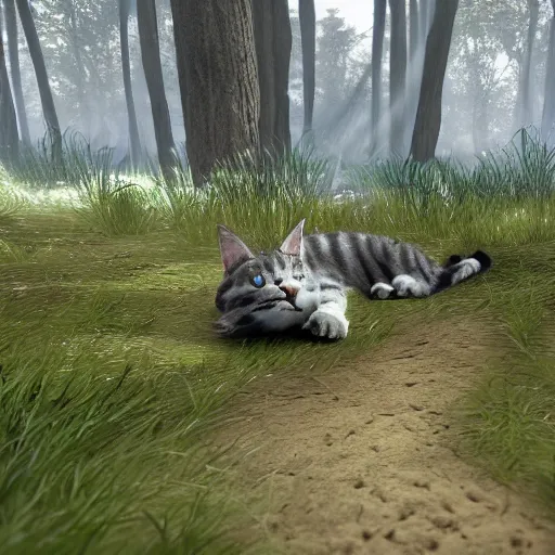 Image similar to wounded grey striped cat lying on the ground in a warrior cats forest, unreal engine