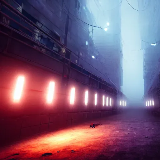 Image similar to illustration of rows of limp humans hanging like clothing in an ice box, rolling fog, cyberpunk, dystopian, dramatic lighting, unreal engine 5